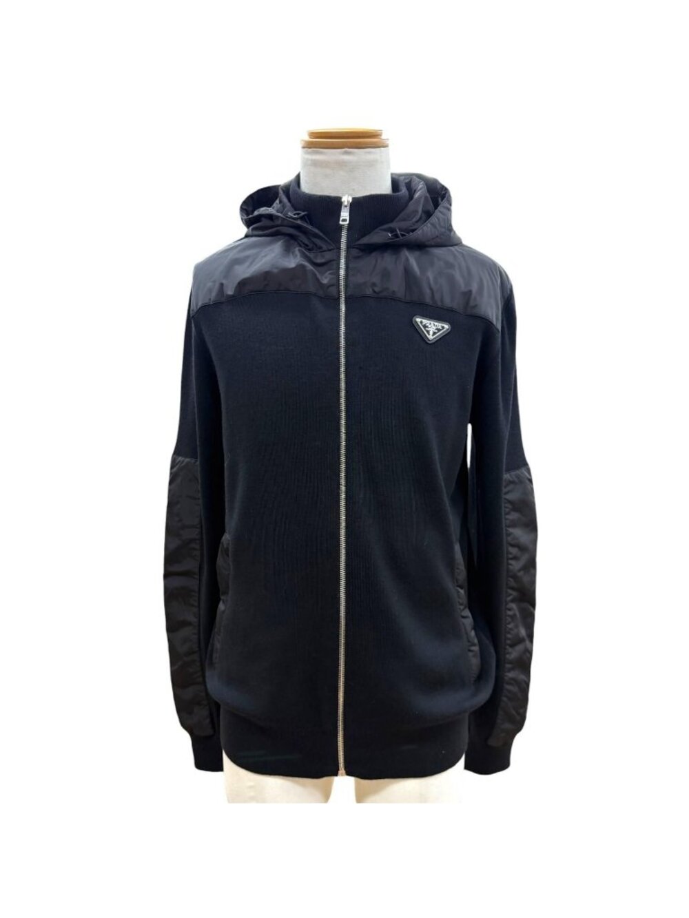 Prada Wool 100% Triangle Logo Plate Zipup Knit Nylon Jacket Hoodie 52